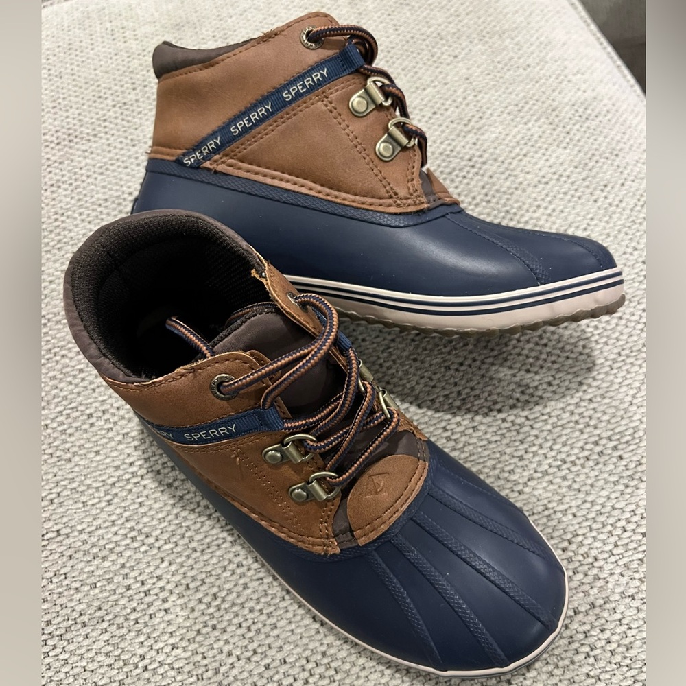 Sperry Top-Sider Bowline Navy Tan Rain Boots Youth Boy's Size 3 M
